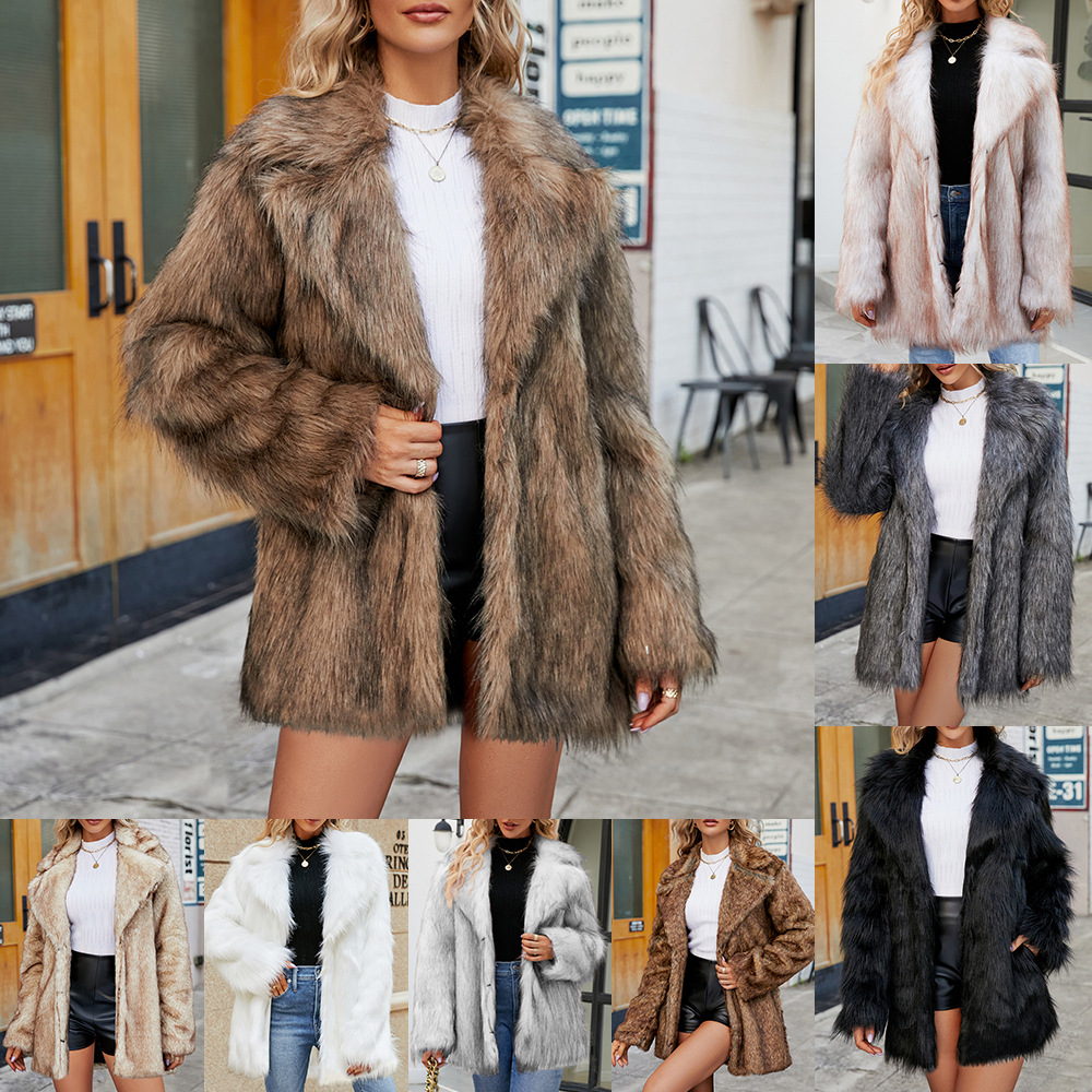 Women's Clothing fashionable casual tops women's fur mid length coats suit collar_voghion.com