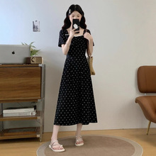 红色波点方领正肩短袖连衣裙女2025年夏季大码胖mm港风复古长裙子