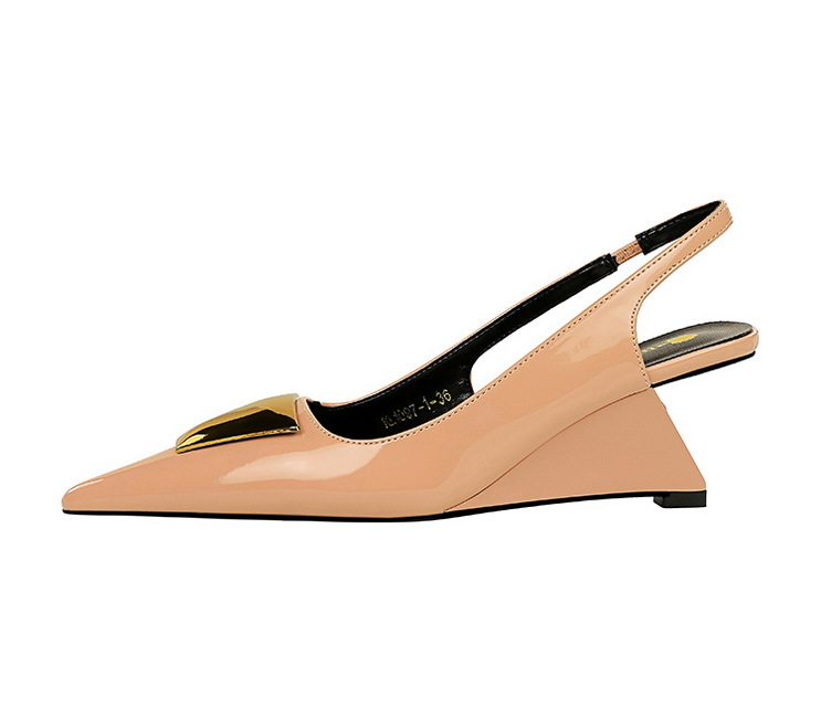 Women's Shoes high heels wedge heels patent leather hollow back strap shallow mouth pointed metal decoration single shoes_voghion.com