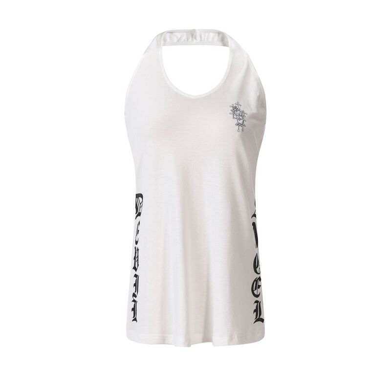 American-Style Spicy Girl Halter Neck Tank Top with Gothic Letter Print, Backless Design, Pure Desire Style, Sleeveless Outerwear Top