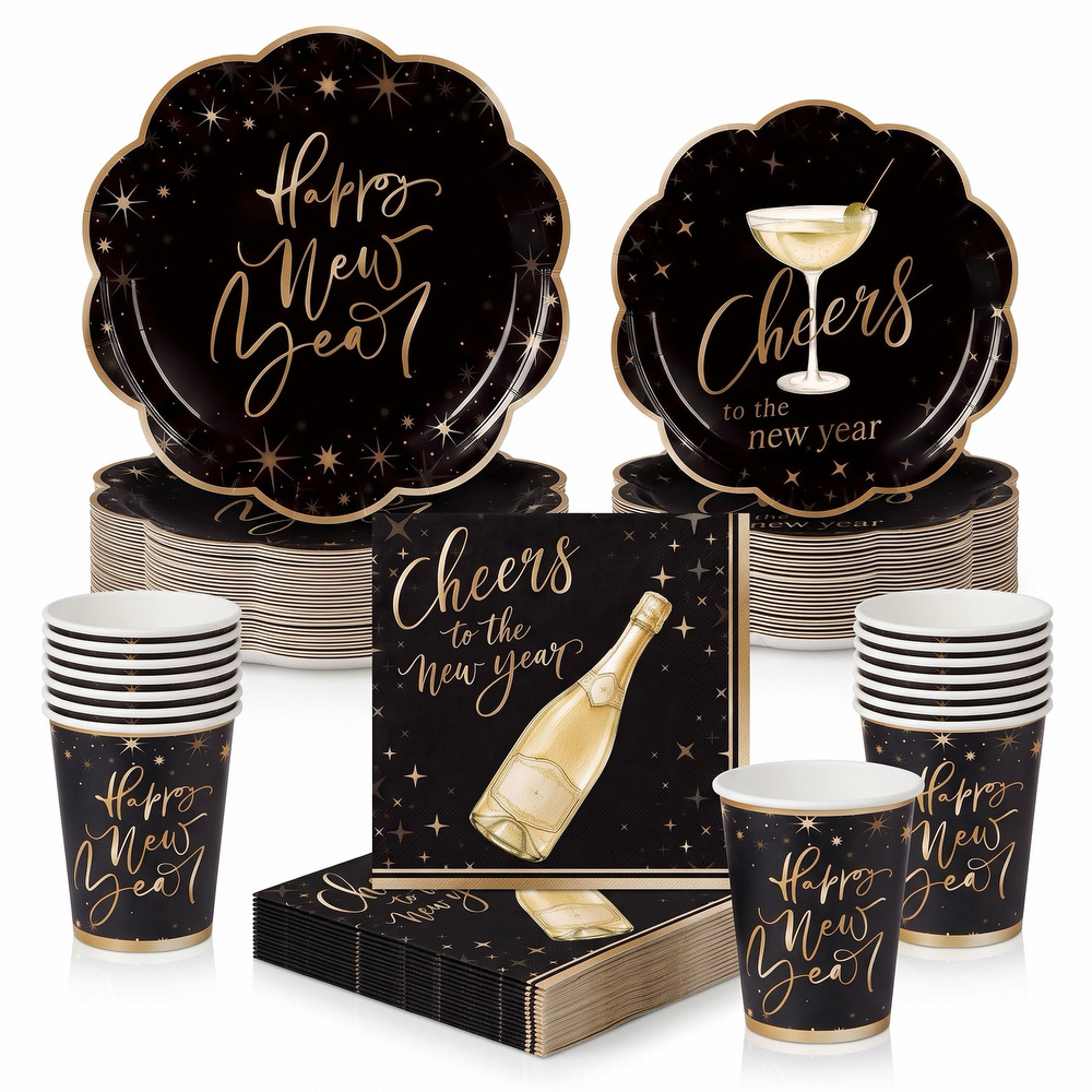 Black and gold champagne-themed New Year party set: Happy New Year disposable paper plates, cups, and napkins for New Year's Day