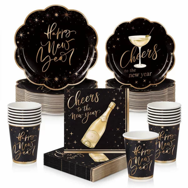 Black and gold champagne-themed New Year party set: Happy New Year disposable paper plates, cups, and napkins for New Year's Day