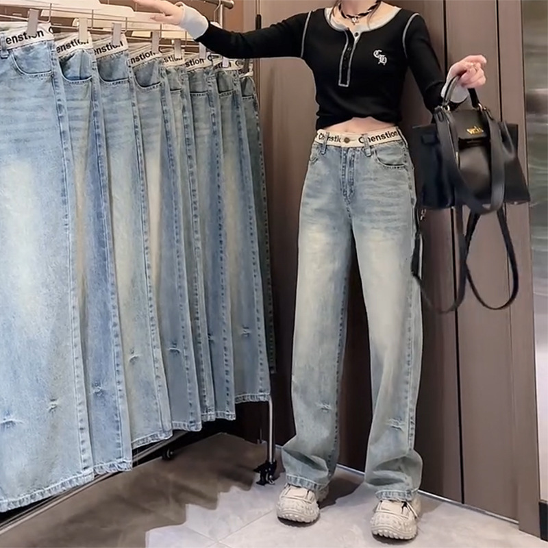 Women's Spring and Summer New American Style Trendy Plus-Size Straight-Leg Slimming Wide-Leg Jeans with Embroidered Letters on the Waist