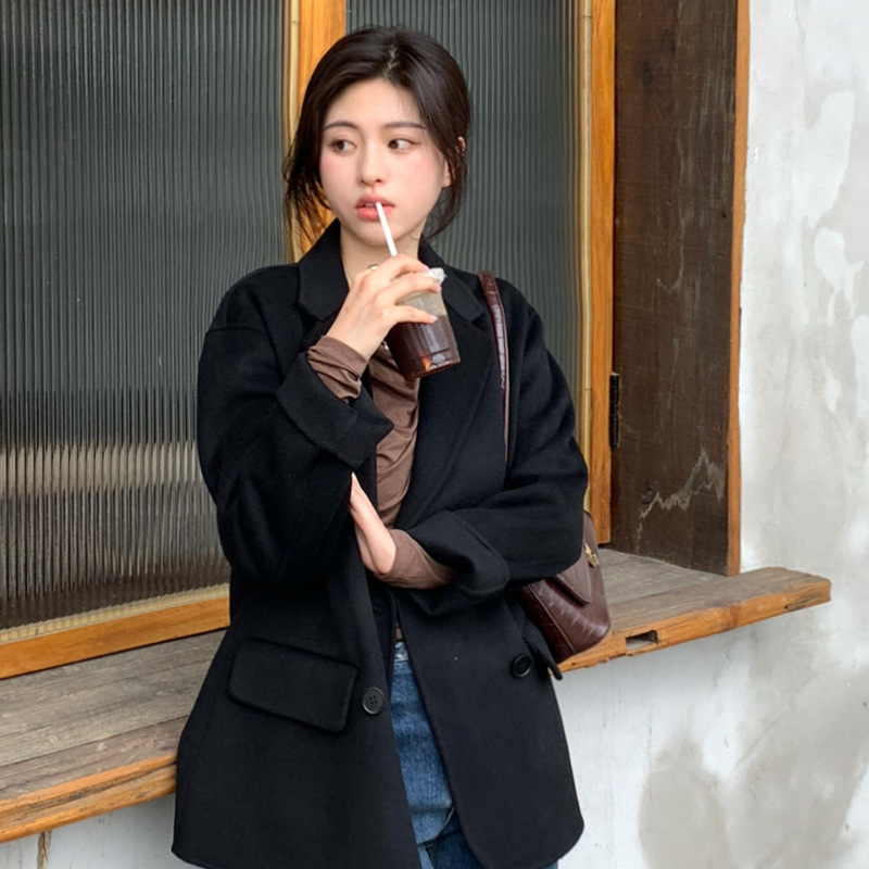 2022 Spring Wool Coat Women's Double-Breasted Plaid Woolen Jacket Wholesale Korean Style Fashion Versatile Large Lapel