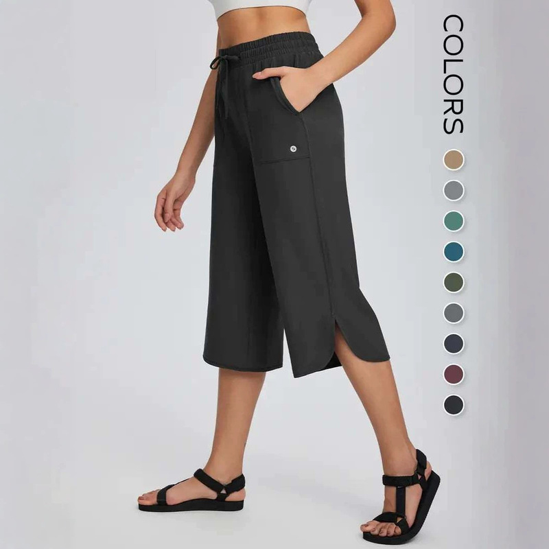 Women's wide-leg yoga capri pants with pockets, quick-drying, lightweight, soft and comfortable, suitable for hiking and fitness Women's wide-leg yoga capri pants with pockets, quick-drying, lightweight, soft and comfortable, suitable for hiking and fitness