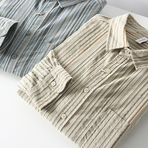 Japanese Retro Corduroy! Striped Color Block! Autumn Men's Pure Cotton Fashion Casual Long-Sleeve Shirt Trend