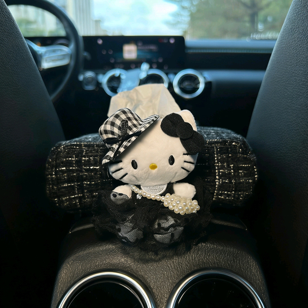 Chanel-Style Hello Kitty Car Tissue Box for Girls, Car Dashboard Armrest Tissue Holder, Car Doll Tissue Box
