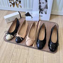 小香风单鞋女真皮浅口一脚蹬皮鞋编织拼色法式芭蕾舞蝴蝶结平底鞋