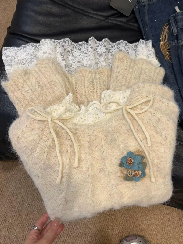 韩版套头圆领蝴蝶结蓝色针织衫女春秋新款软糯奶fufu洋气减龄上衣|undefined