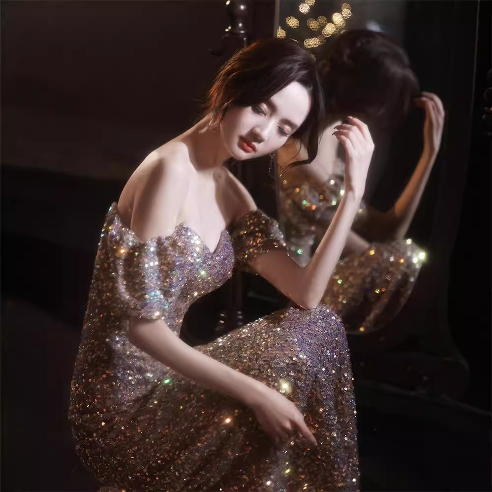 Vestido de noche con lentejuelas estilo ligero lujo nicho vestido femenino banquete elegante Socialite sentido transfronterizo anfitrión rendimiento vestido