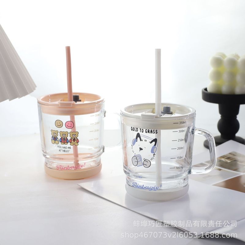 新しい漫画かわいい子供ハンドル竹カップマルチカラースケールストローカップ朝食カップミルクカップガラスカップ|undefined