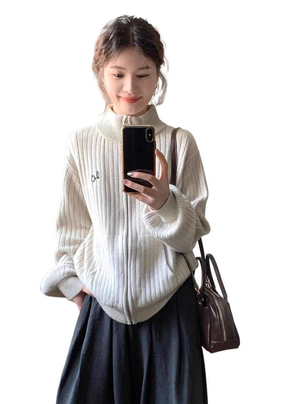 小个子毛衣外套女秋季软糯慵懒风宽松外搭针织衫上衣立领拉链开衫|undefined