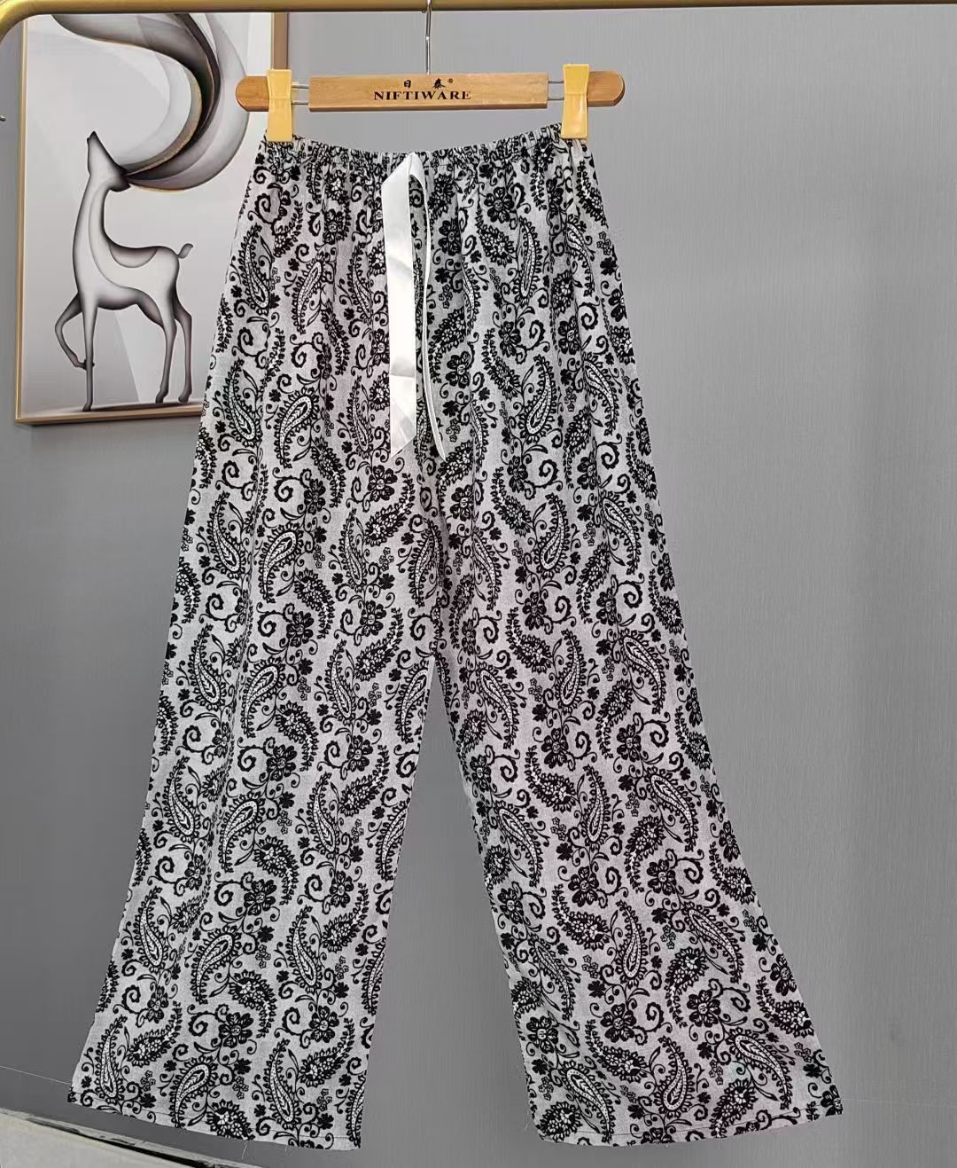 Pijama de seda de algodón para mujer, pantalones anchos de mujer embarazada de seda de algodón con estampado fino de verano