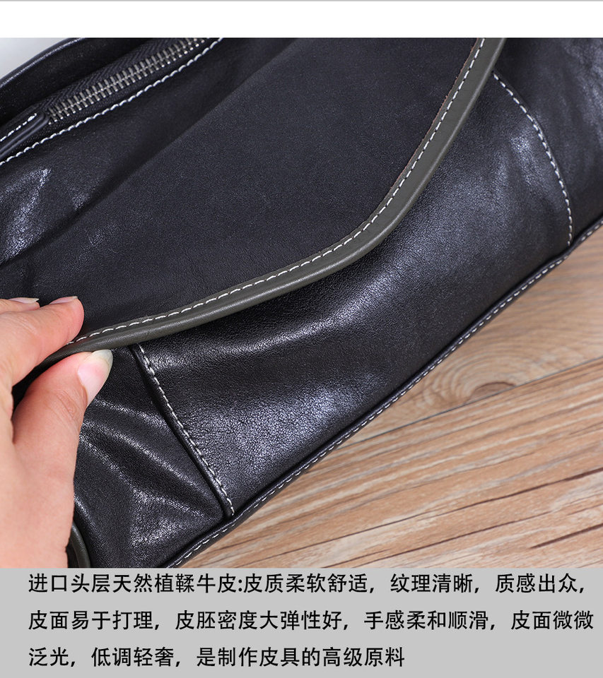 Túi đeo chéo nam da bò thật thuộc da thực vật, túi nhỏ đeo vai cá tính 29×11×17 cm — Dây đeo vai màu đen, Dây đeo vai đơn màu xanh lá cây, Dây đeo vai màu đen và xanh lá cây chi tiết 6