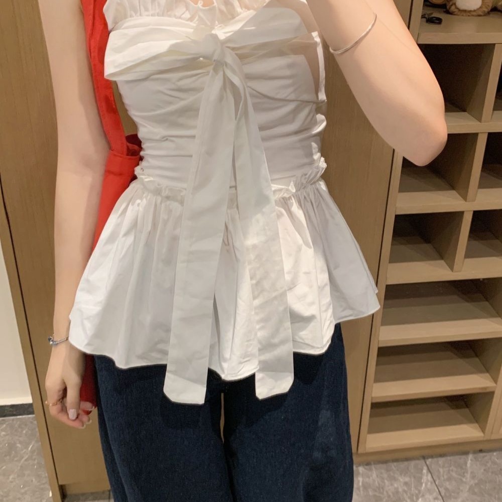 甜美风白色蝴蝶结绑带收腰显瘦抹胸背心女夏季法式荷叶边别致上衣