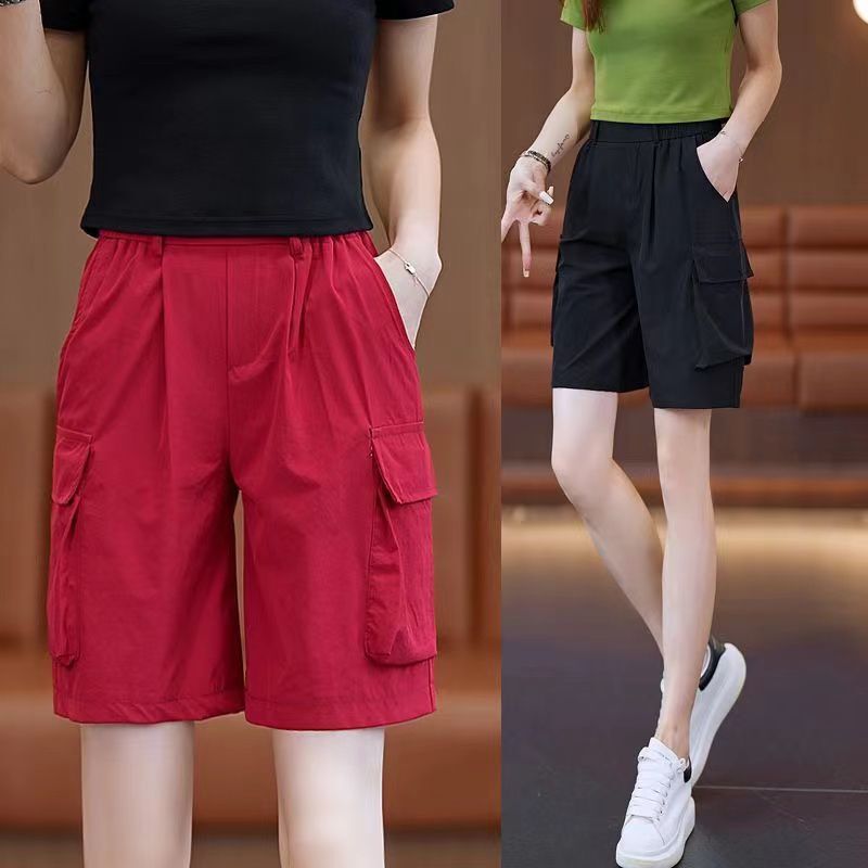 Cross-border Summer Thin Work Shorts Women's High Waist Wide Leg Slimming Straight Pants Summer A- word Ice Silk Fast Trend