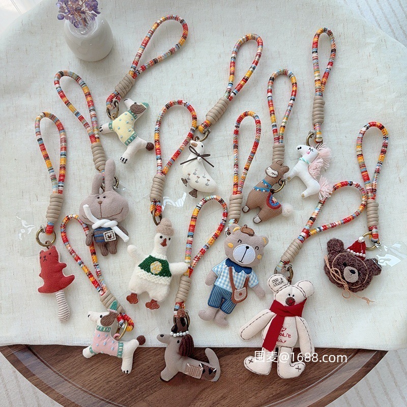Ins Cute Retro Handmade Bear Doll Japanese and Korean Mobile Phone Pendant Female Bag Cartoon Key