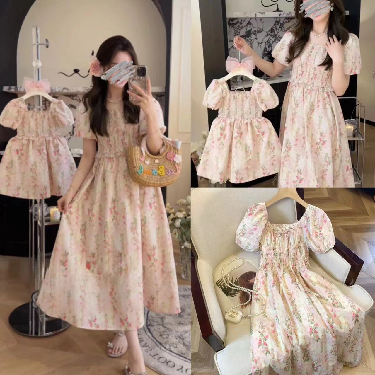 Ropa de verano para padres y niños de Corea del Sur, vestido dulce y lindo, ropa infantil, ropa de madre y niña, falda de manga de burbuja