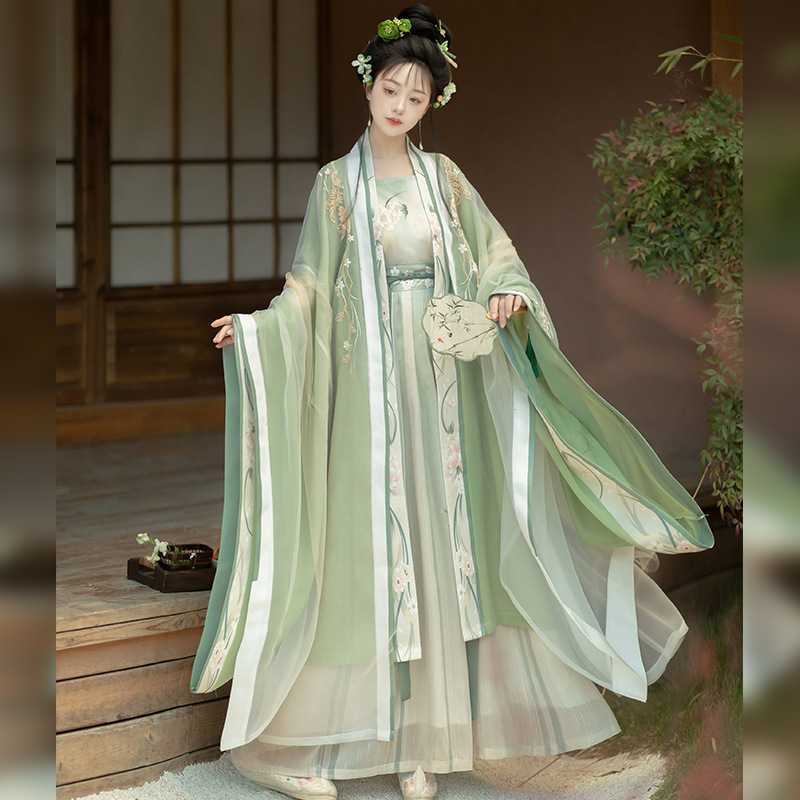 Luozhu Clothing: Song Dynasty Style Gradient Embroidered Double-Breasted Large-Sleeve Shirt with a One-Piece Waist-Length Pleated Skirt, Hanfu for Women, Ethnic Style