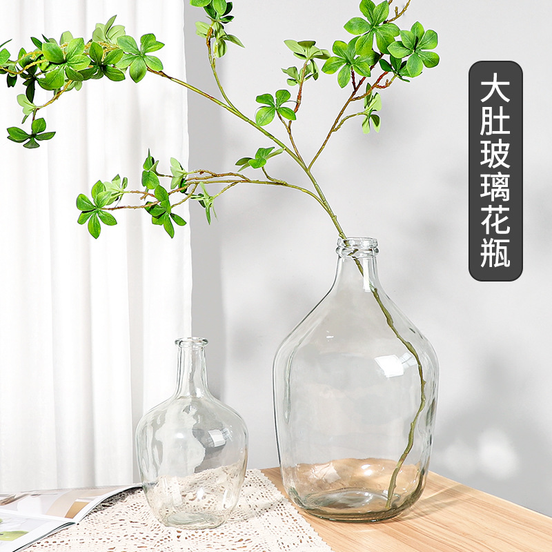 Nordic simple small mouth big belly transparent glass vase Japanese hanging bell horse drunk wood flower arrangement hydroponic flower arrangement dried flowers