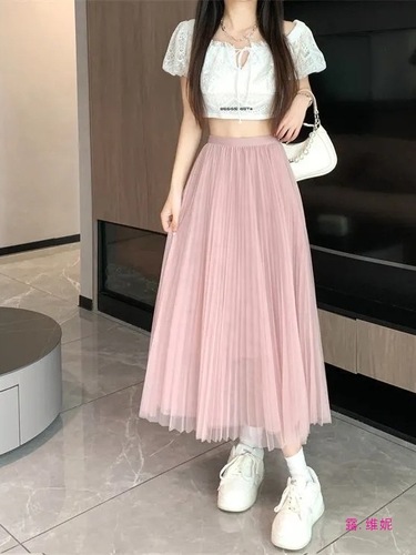 Sheer Mesh Half-Skirt, Summer 2025, Small Figure, Thin Pleated, Ethereal and Slimming, Medium Length