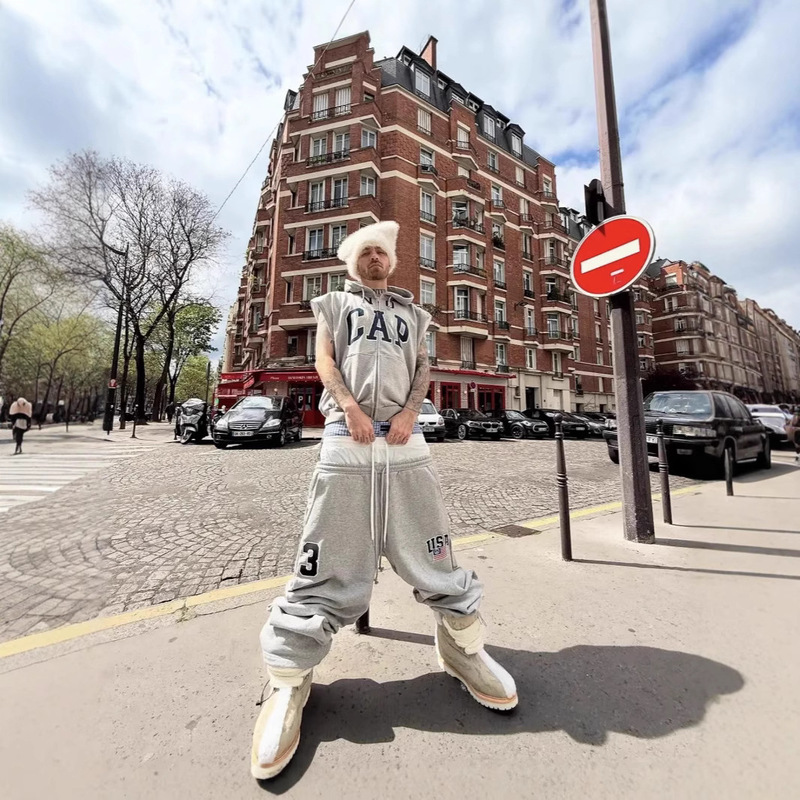 Jimo Grailz Project Fake Three-Waist Design Letter Embroider Drawstring Stitching Casual Sports Wide-Leg Sweatpants