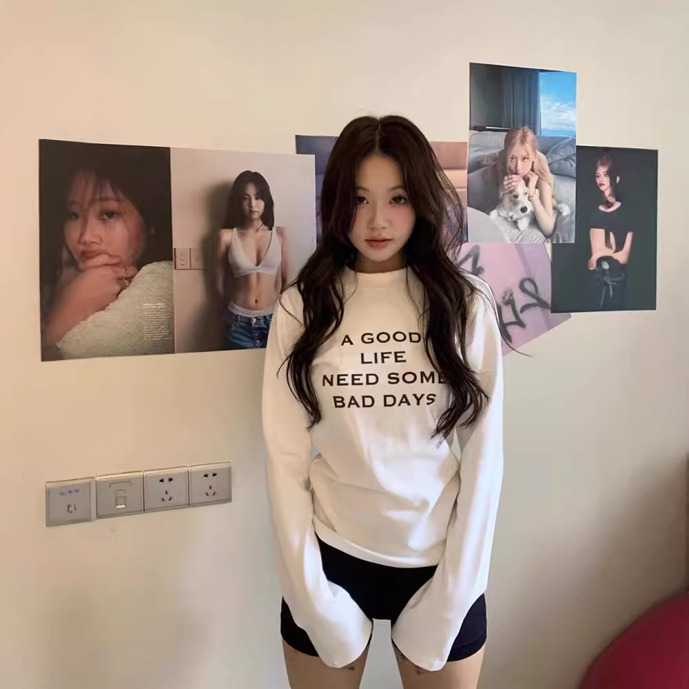 Letter Print Long-Sleeve T-Shirt for Women, 2024 Spring and Autumn New Style, Slim Fit, Hot Girl Top, Inner Layer or Outer Layer
