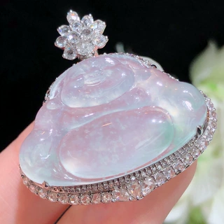 抖音货源天然缅甸翡翠 18K金镶嵌木那雪花棉佛公翡翠吊坠饰品