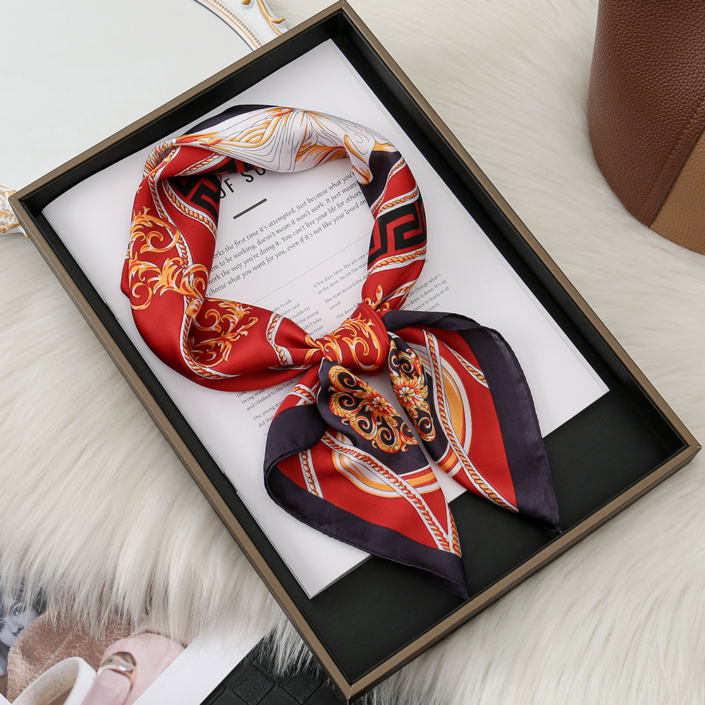 Color de contraste transfronterizo de moda 70 bufanda de seda de simulación pequeña bufanda de seda larga protección del cuello personalidad temperamento bufanda cuadrada salvaje mujer