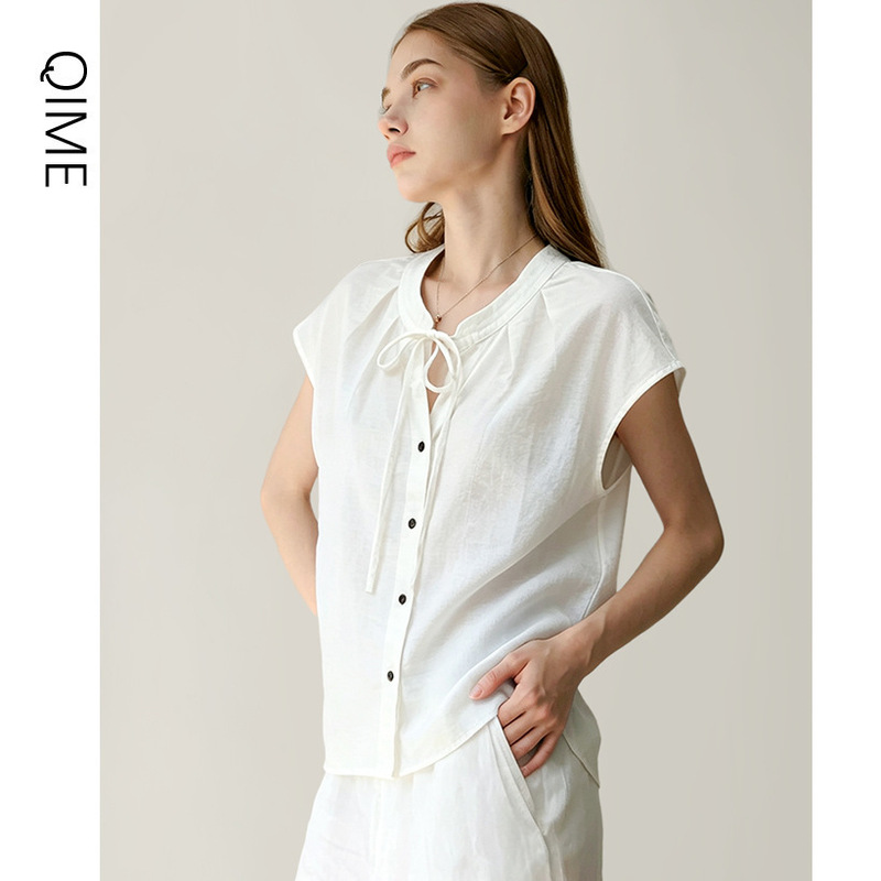 This Year's Trendy and Beautiful New Women's Tops 2026 Summer Lace-Up Round-Neck Shirts Women's White Short-Sleeved Shirts