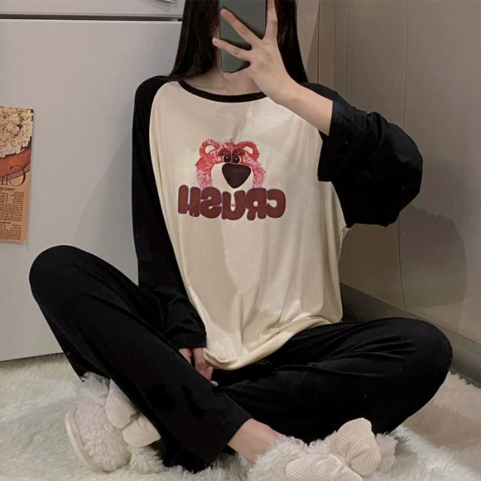 Пижама (cute strawberry) оверсайз — длинный рукав и брюки, мультяшный принт, городской стиль