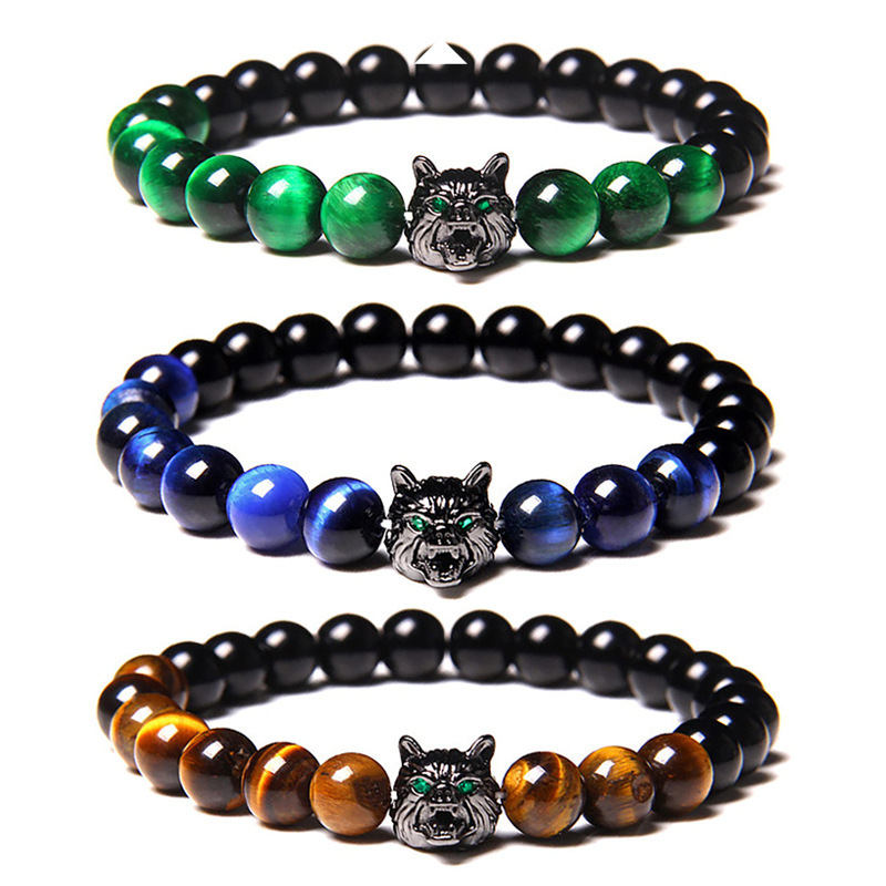 Cross-border Amazon Hot Selling Men's Wolf Head Bracelet Micro-inlaid Zircon Natural Tiger Eye Obsidian Beaded Bracelet Cross-border Amazon Hot Selling Men's Wolf Head Bracelet Micro-inlaid Zircon Natural Tiger Eye Obsidian Beaded Bracelet