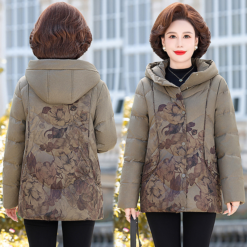Brand Winter-Proof down Jacket for Middle-Aged and Elderly Mothers 2025 Winter Style Printed Grandma Outfit Warm White Duck down Coat Brand Winter-Proof down Jacket for Middle-Aged and Elderly Mothers 2025 Winter Style Printed Grandma Outfit Warm White Duck down Coat