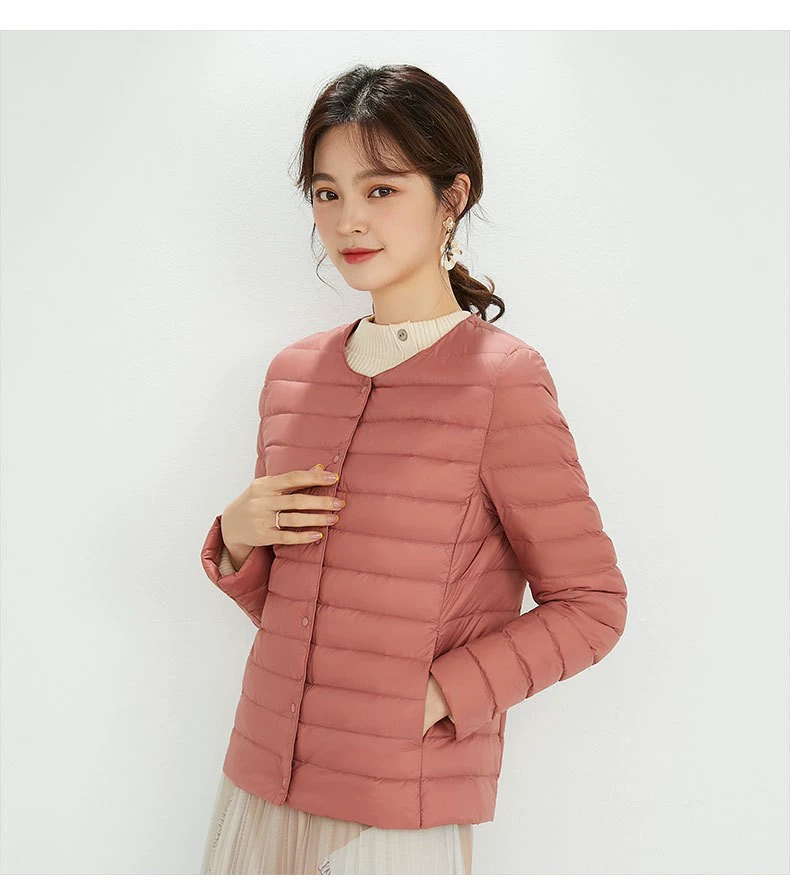 Демисезонная куртка из пуха с длинным рукавом, круглый воротник, slim fit, плюс размеры