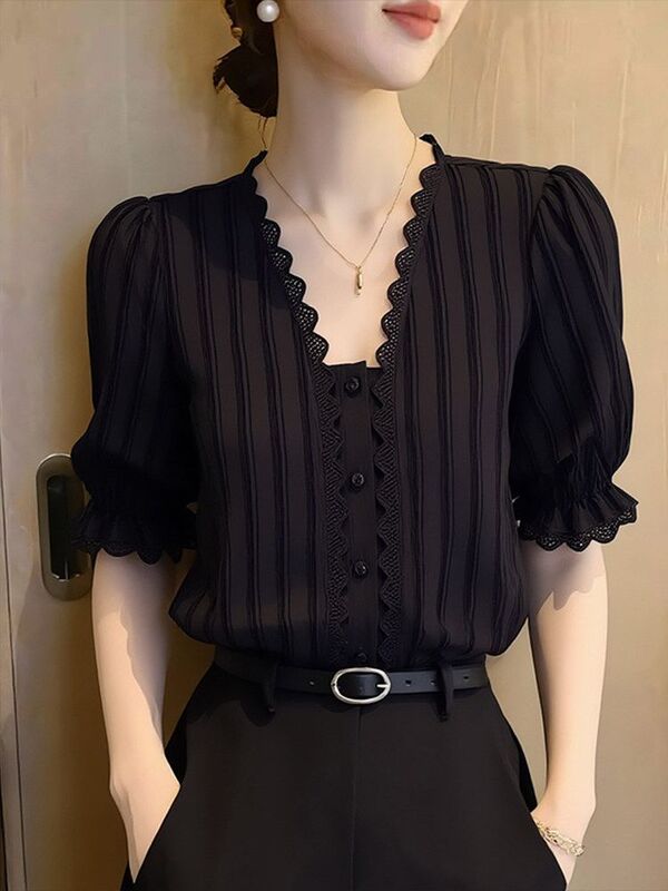 Black Slimming Lace V-Neck Short-Sleeve Shirt for Women, Summer 2026 New Style, Unique Puff Sleeve Blouse