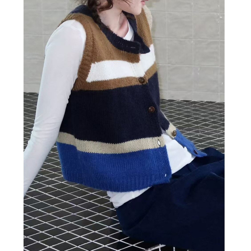 Le Colorful Knitting'2025 Autumn/Winter Mohair Wool Color-Block Sweater Knitwear Striped Vest