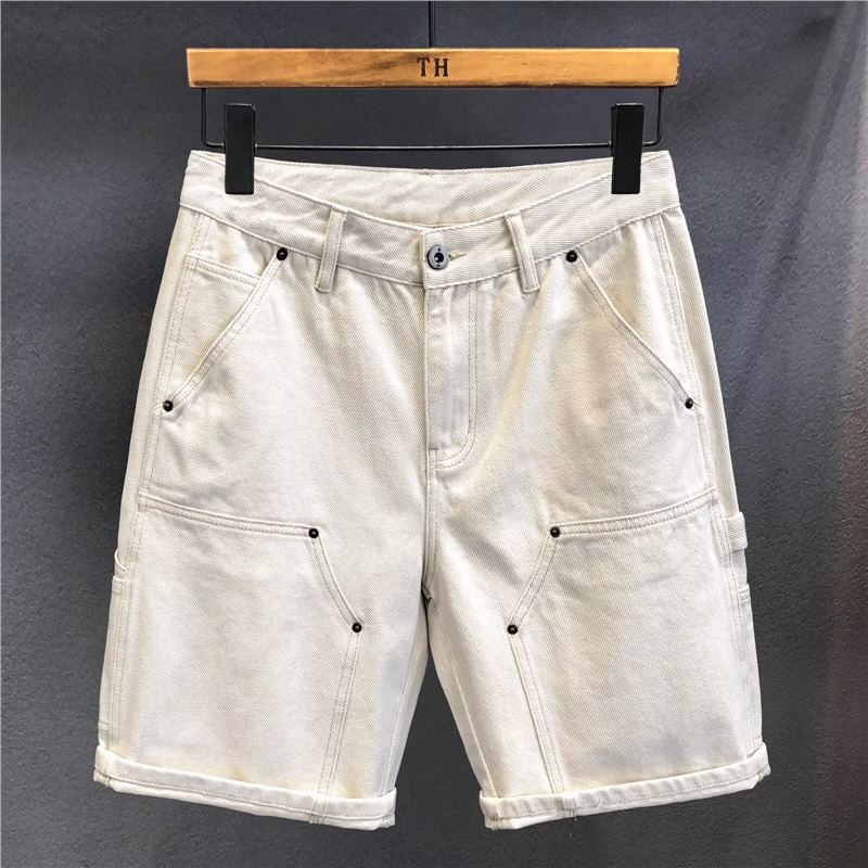 White Denim Shorts for Men, Summer Thin Versatile Non-Elastic Casual Mid-Length Trendy Loose Plus-Size Men's Knee-Length Shorts