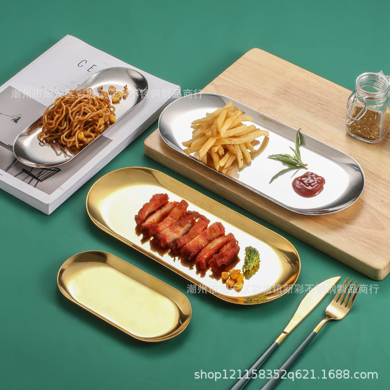 Plato oval de acero inoxidable plato de barbacoa coreano bandeja de artesanía dorada bandeja de joyería bandeja de postres bandeja de frutas