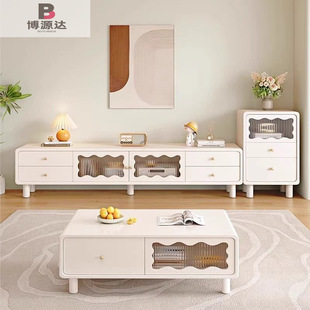 Cream Style Light Luxury Coffee Table TV Cabinet Combination Household Living Room Multifunctional Storage Cabinet Coffee Table TV Cabinet