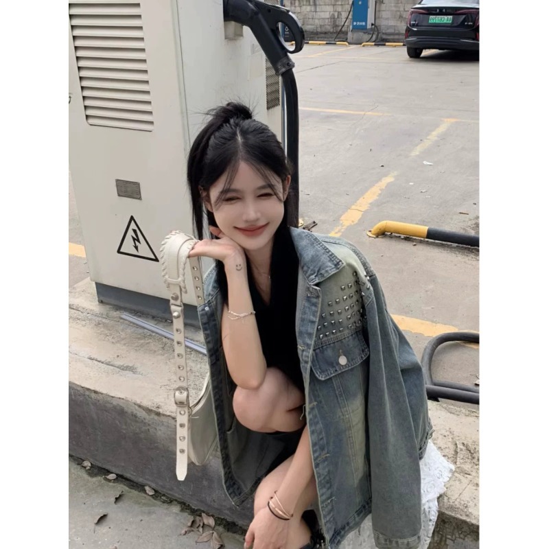 American retro high-end denim jacket with heavy rivets, women's spring and autumn loose boyfriend style trendy jacket top