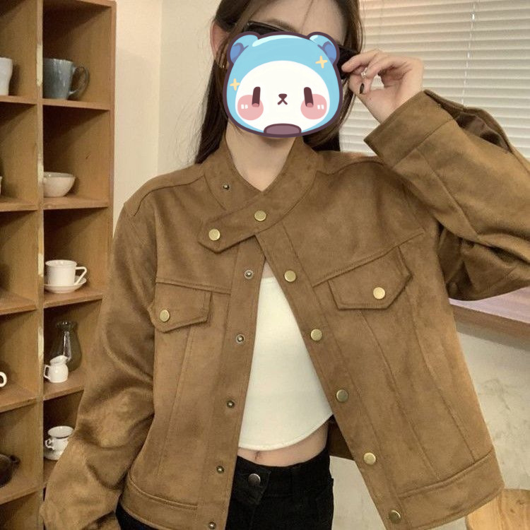 美拉德穿搭立领洋气外套女秋冬感复古宽松短款夹克麋鹿皮外套|undefined