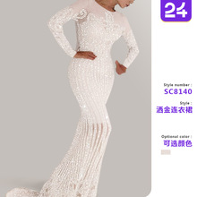 2025跨境春秋新款欧美女装性感洒金长袖连衣裙舞会拖尾色晚礼服