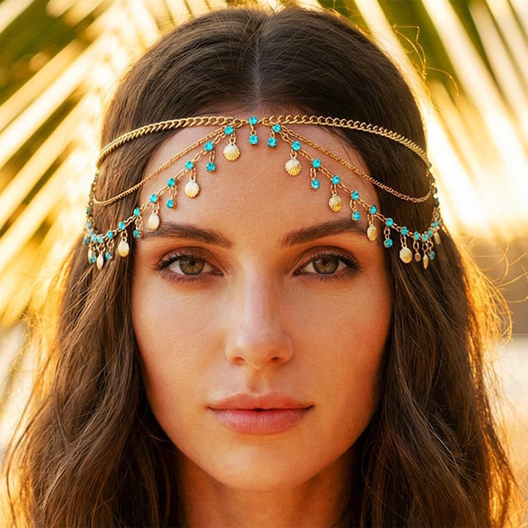 European and American cross-border beach and ocean style tassel blue rhinestone hair chain, light luxury shell tassel pendant headpiece hair chain