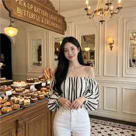深圳南油法式黑白条纹一字领设计感衬衫女春季宽松休闲好看上衣