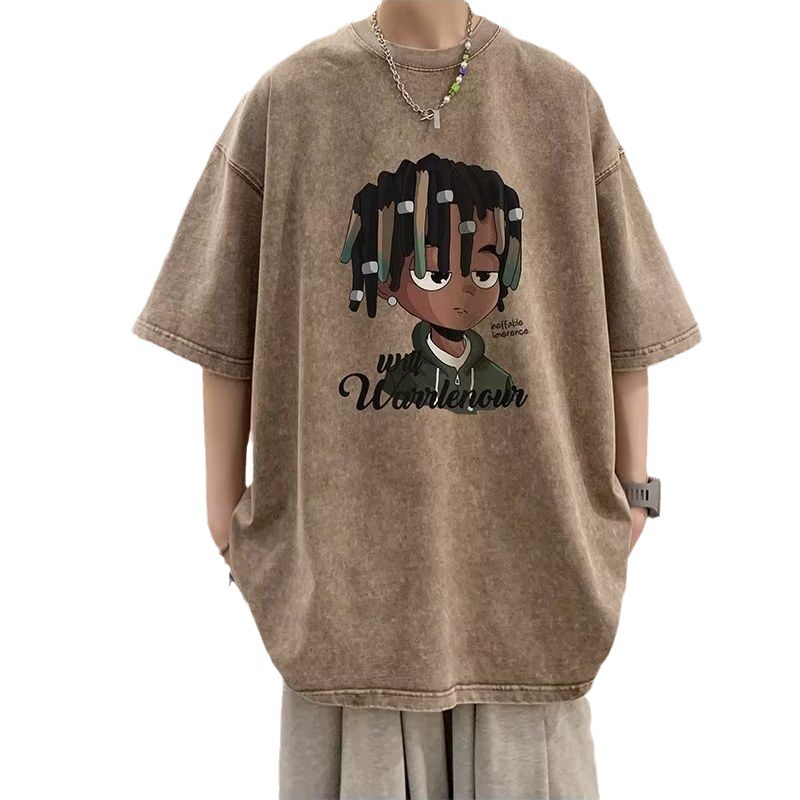 Summer fashion brand cartoon short sleeve T-shirt men's loose plus size half sleeve American heavy washed distressed T-shirt