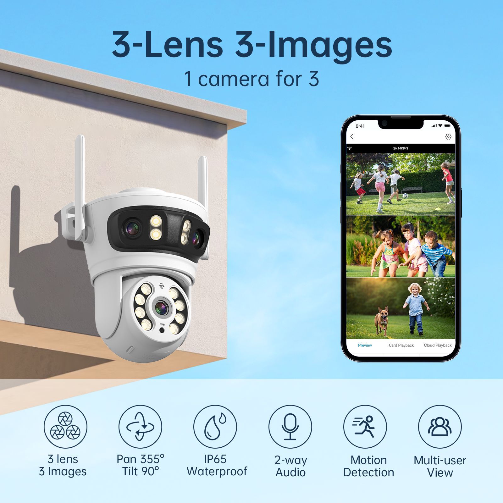 Cámara de Seguridad PTZ de Tres Lentes Tres Lentes 3MP de ABS Impermeable con Visión Nocturna HD para Interiores y Exteriores image 3