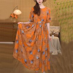文学綿とリネンのレトロプリントラウンドネックドレス夏の新しいオレンジ花柄ロングスカートルーズAラインスカート