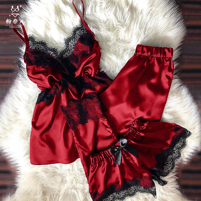 섹시한 조끼 여성용 잠옷 속옷 V-넥 속눈썹 레이스 보우 잠옷 3 종 세트