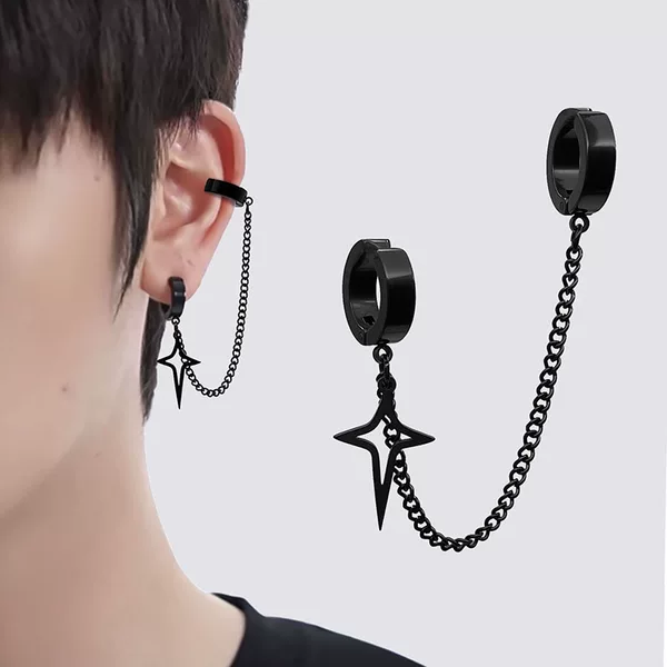 Non-Pierced Four-Pointed Star Ear Clip Earrings for Men, Niche Design Star Ear Cuffs, Black Ear Hooks, Cool and Stylish Women's Ear Accessories