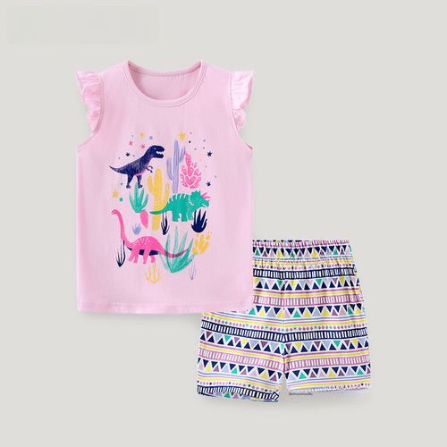 Women's Summer Knit Cotton Cartoon Dinosaur Print Top Set, Toddler Two-Piece Set